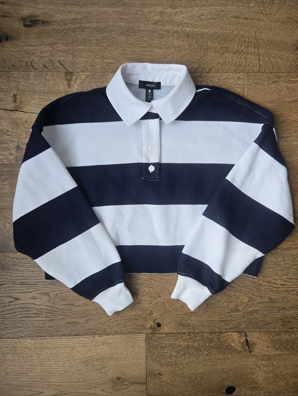 Aqua Navy and White Striped Cropped Polo Sweater